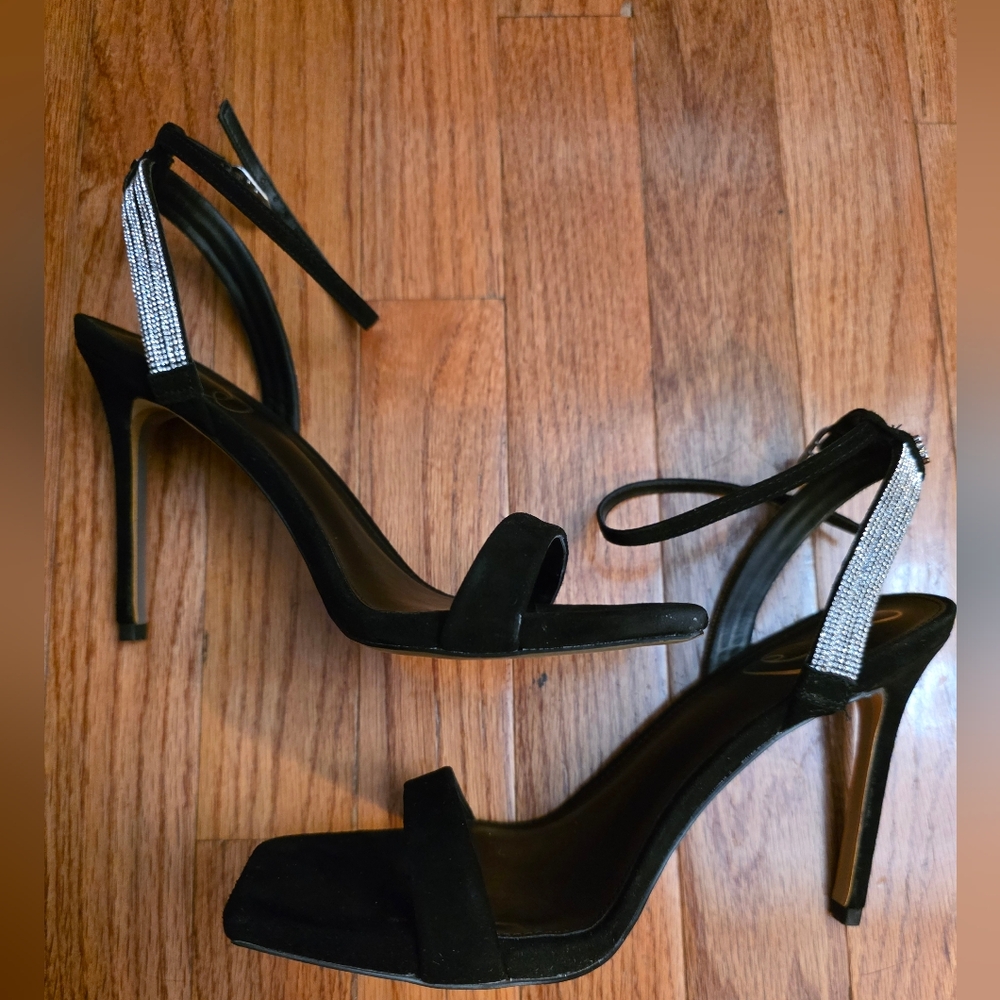 Sam Edelman Black Heeled Sandals with Rhinestone Ankle Straps